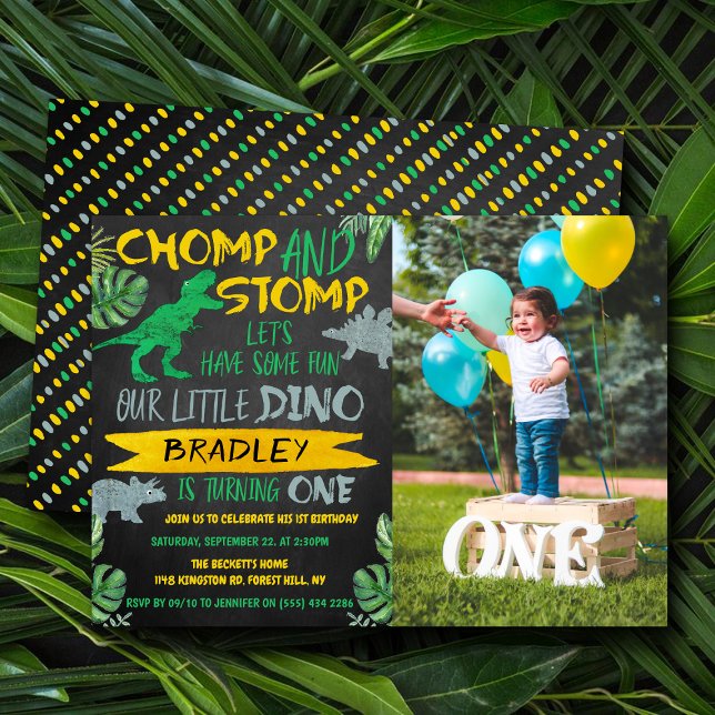 Chomp & Stomp! Dinosaur Boys 1st Birthday Photo Invitation (Creator Uploaded)