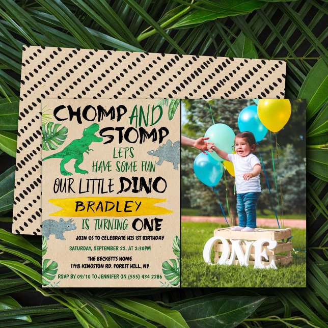 Chomp & Stomp! Dinosaur Boys 1st Birthday Photo Invitation (Creator Uploaded)