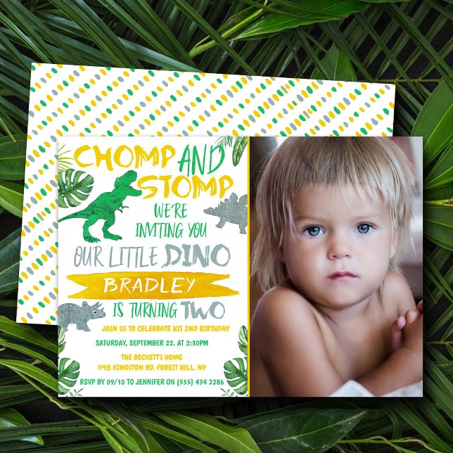 Chomp & Stomp! Dinosaur Boys 2nd Birthday Photo Invitation (Creator Uploaded)