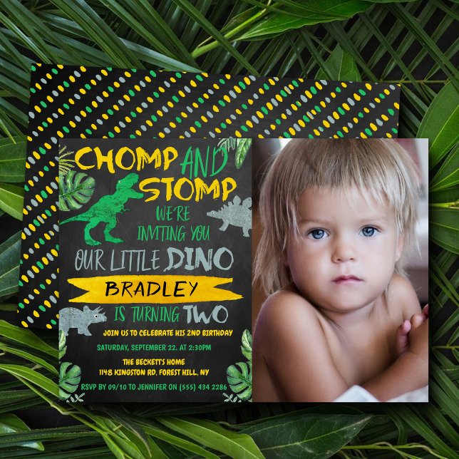 Chomp & Stomp! Dinosaur Boys 2nd Birthday Photo Invitation (Creator Uploaded)