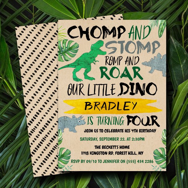 Chomp & Stomp! Dinosaur Boys 4th Birthday Invitation (Creator Uploaded)