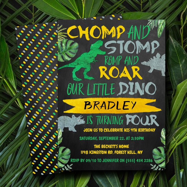 Chomp & Stomp! Dinosaur Boys 4th Birthday Invitation (Creator Uploaded)