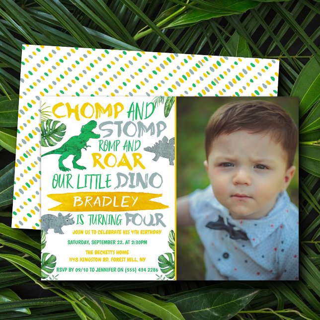Chomp & Stomp! Dinosaur Boys 4th Birthday Photo Invitation (Creator Uploaded)