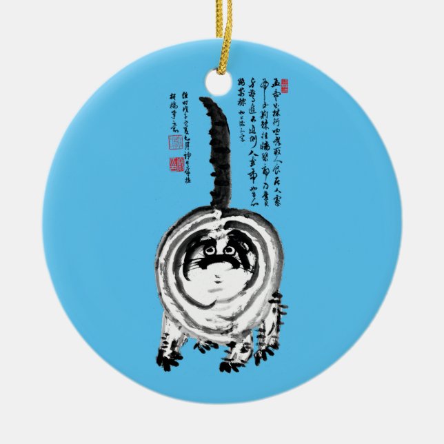 Chonky Striped Japanese Tabby Cat Ceramic Tree Decoration (Front)
