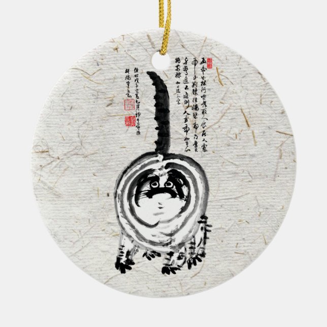 Chonky Striped Japanese Tabby Cat Ceramic Tree Decoration (Front)