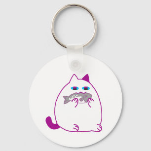 Chonky White Cat with a Fish Key Ring