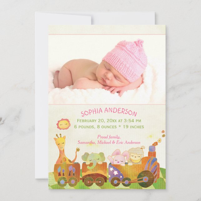 Choo Choo Train Baby Girl Photo Birth Announcement (Front)