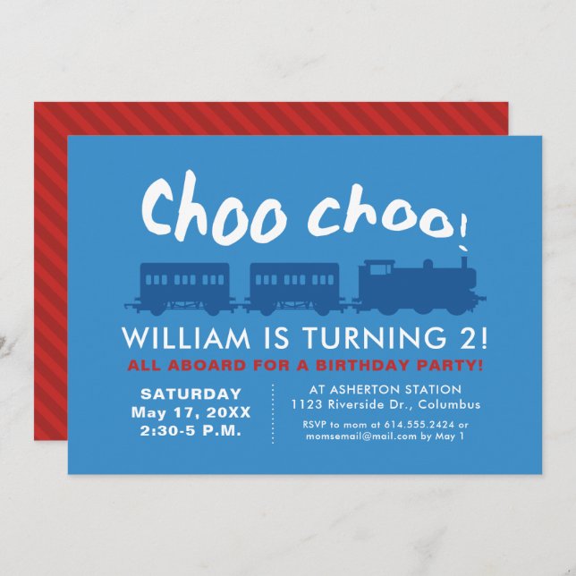 Choo choo train blue red children's birthday invitation (Front/Back)