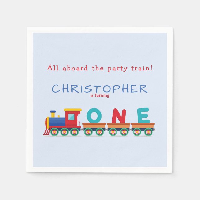 Choo Choo Train Boys 1st Birthday Blue Party Napkin (Front)