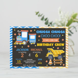 Choo Choo Train & Construction Joint Birthday Invitation