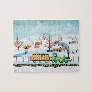 Choo choo train folk art winter scene jigsaw puzzle