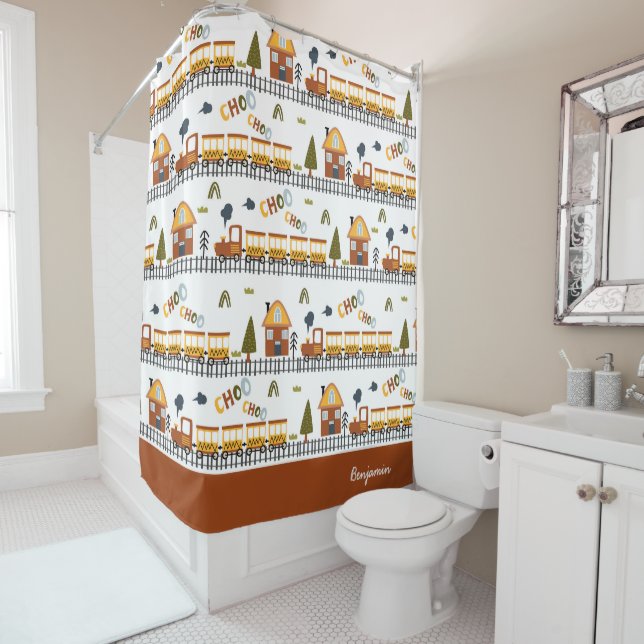 Choo Choo Train Pattern Little Kid Name Bathroom Shower Curtain (In Situ)