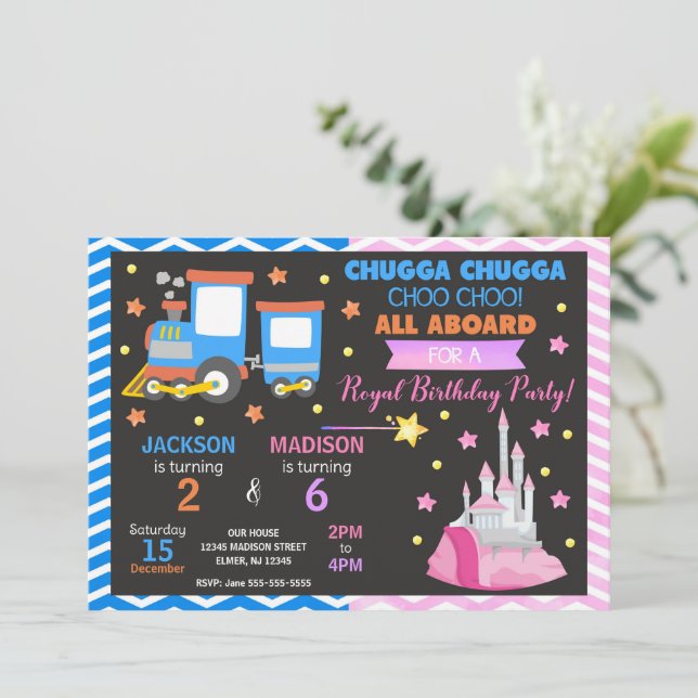 Choo Choo Train & Princess Joint Birthday Invitation (Standing Front)