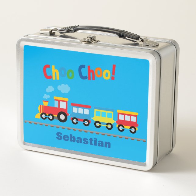 "Choo Choo Train" Silver Lunch Box Customised Name (Front)