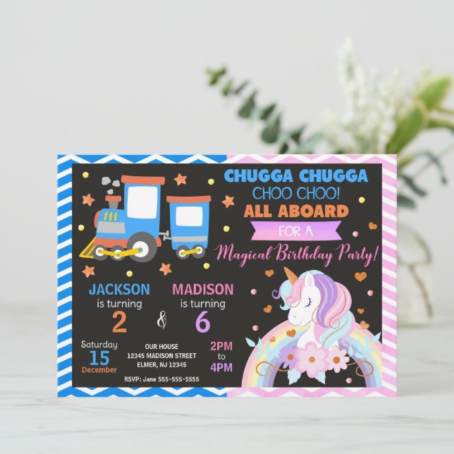 Choo Choo Train & Unicorn Joint Birthday Invitation (Standing Front)