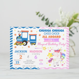 Choo Choo Train & Unicorn Joint Birthday Invitation
