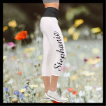CHOOSE COLOR name black white yoga capri leggings<br><div class="desc">CHOOSE YOUR COLOR custom yoga capri leggings! Printed edge to edge, with your name in large black script up one leg! Sample is white with black waist, but you can easily customise to colour of your choice. Also easy to change or delete example name. All Rights Reserved © 2020 Alan...</div>