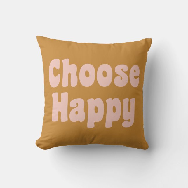 Choose Happy Retro Lettering Blush Pink Mustard Cushion (Front)