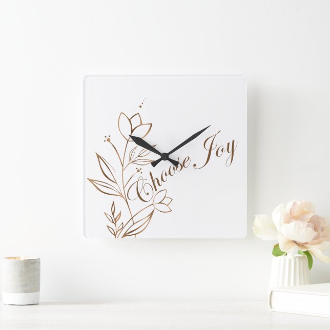 Choose Joy Abstract Flower Typography Square Wall Clock (Home)