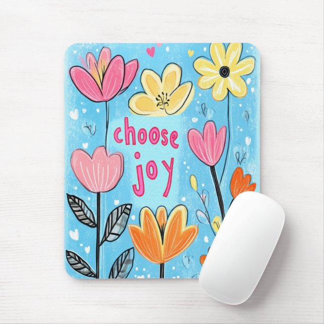 Choose Joy Whimsical Folk Art Floral Mouse Pad (With Mouse)