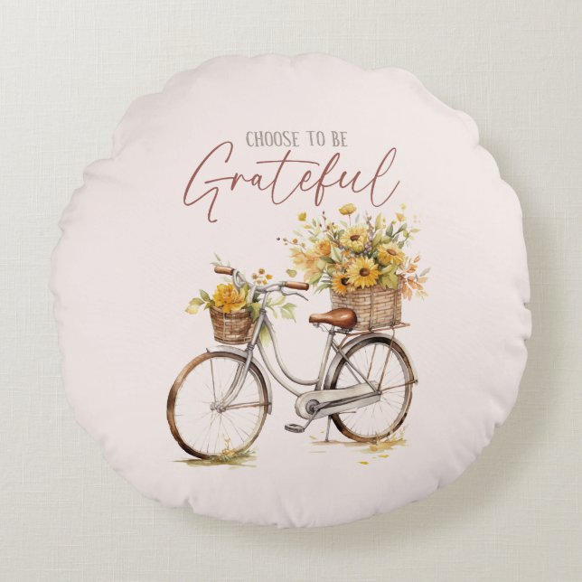 Choose to Be Grateful – Bicycle & Rustic Fall Round Cushion (Front)