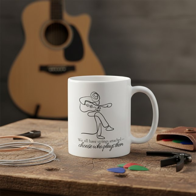 Choose Who Plays Your Strings Line Art Music Coffee Mug (Minimalist line-art musician paired with an expressive quote about choosing your strings.)