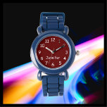CHOOSE YOUR COLORS, Your Name, Kids Blue Wrist<br><div class="desc">This fun kids wrist watch with a blue silicone strap can be customised as you wish. You can CHOOSE YOUR OWN COLOR to replace the background on the watch face and you can make the text say whatever you want. Or keep my burgundy and white design. All Rights Reserved ©...</div>