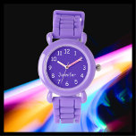 CHOOSE YOUR COLORS, Your Name, Kids Purple Wrist<br><div class="desc">This fun kids wrist watch with a purple strap can be customised as you wish. You can CHOOSE YOUR OWN COLOR to replace the background on the watch face and you can make the text say whatever you want. Or keep my purple and white design. All Rights Reserved © 2023...</div>