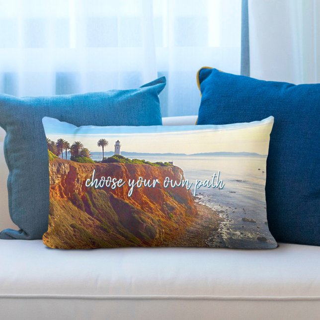 Choose Your Own Path Lighthouse Ocean Cliff Photo Lumbar Cushion (Creator Uploaded)