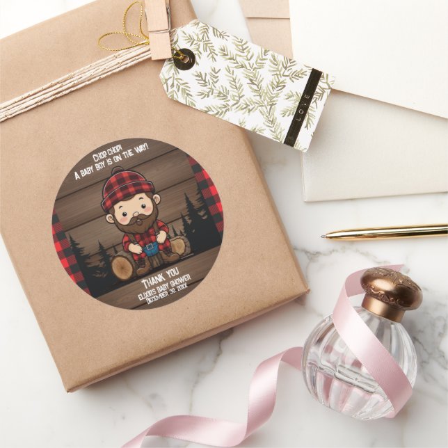 Chop Chop! Rustic Lumberjack Flannel Baby Shower Classic Round Sticker (Gifting)