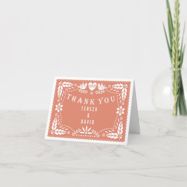 Chopped paper love birds coral wedding Thank You Card (Front)
