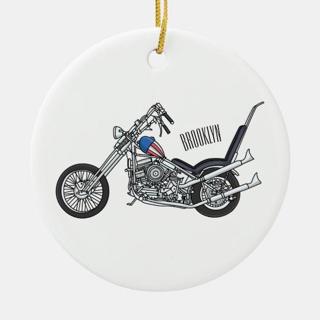 Chopper Motorcycle 1950 cartoon illustration Ceramic Tree Decoration (Front)