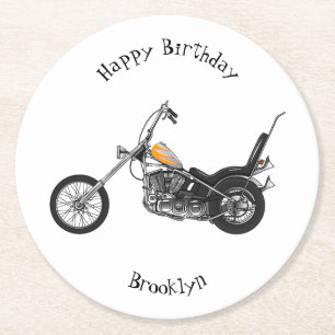 Chopper Motorcycle 1950 cartoon illustration Round Paper Coaster