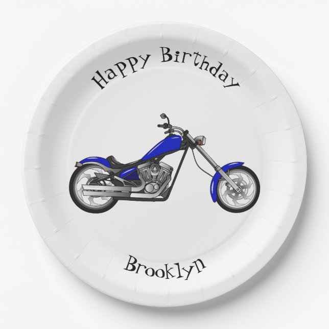 Chopper motorcycle cartoon illustration paper plate (Front)