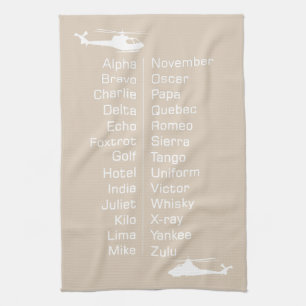 Chopper Pilot Helicopter Taupe Phonetic Alphabet Tea Towel