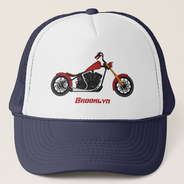 Chopper style motorcycle illustration trucker hat (Front)
