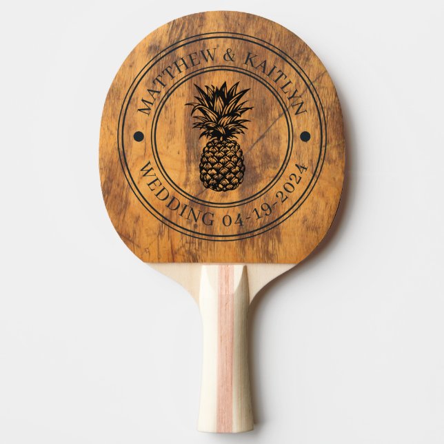 Chopping Block Pineapple Wedding Crest & Names Ping Pong Paddle (Front)