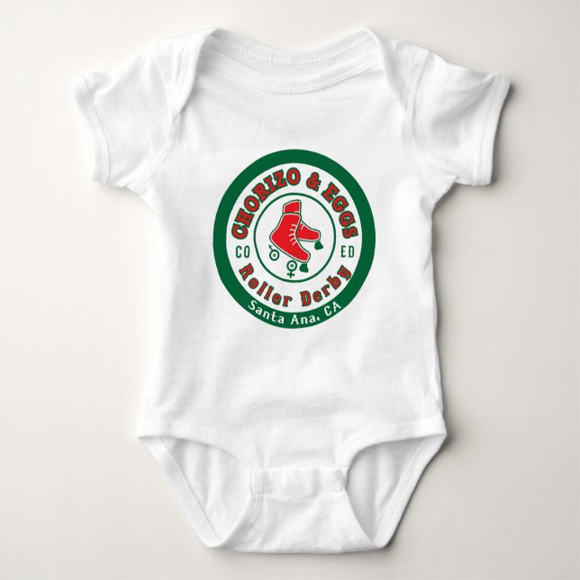 Chorizo & Eggs CoEd Roller Derby on white Baby Bodysuit (Front)