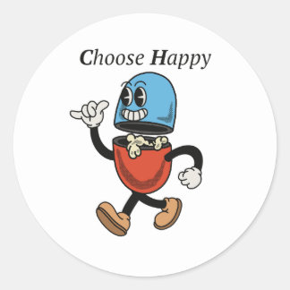 Chose happy with pill groovy character design classic round sticker