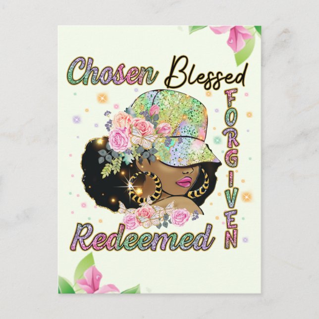Chosen, blessed, forgiven, redeemed, believe in Go Holiday Postcard (Front)