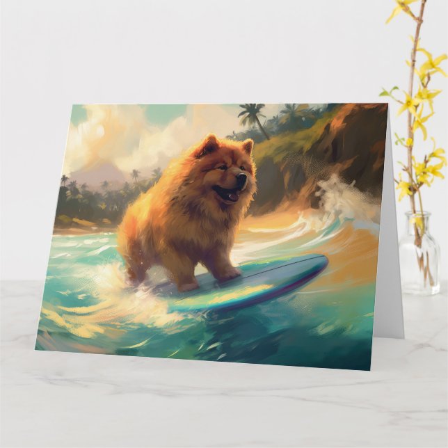 Chow Chow Beach Surfing Painting Card (Yellow Flower)