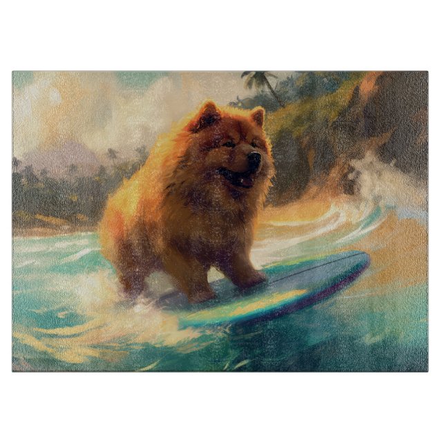 Chow Chow Beach Surfing Painting Cutting Board (Front)