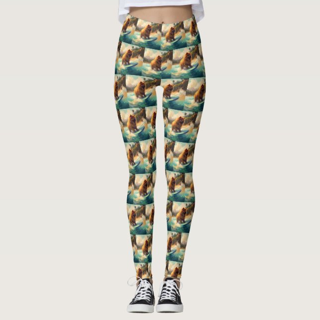 Chow Chow Beach Surfing Painting Leggings (Front)
