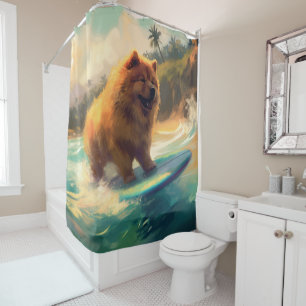Chow Chow Beach Surfing Painting Shower Curtain