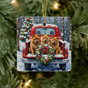 Chow Chow Christmas Red Truck Holiday Ceramic Ornament
