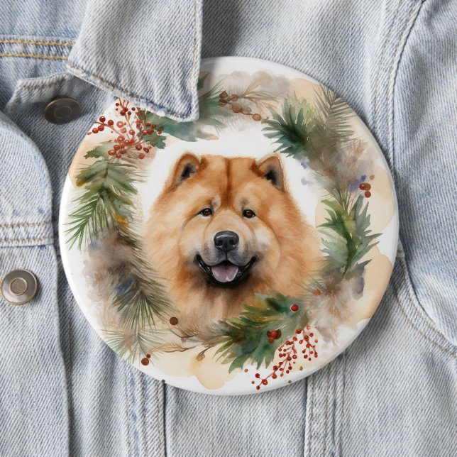 chow chow Christmas Wreath Festive Pup  6 Cm Round Badge (In Situ)
