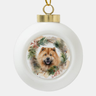 chow chow Christmas Wreath Festive Pup Ceramic Ball Christmas Ornament
