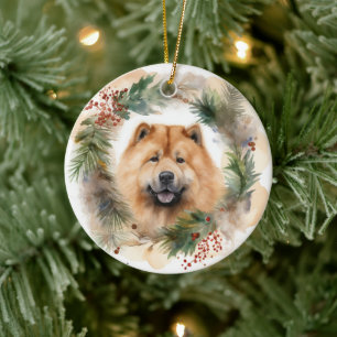 chow chow Christmas Wreath Festive Pup  Ceramic Tree Decoration