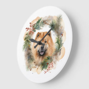 chow chow Christmas Wreath Festive Pup Large Clock