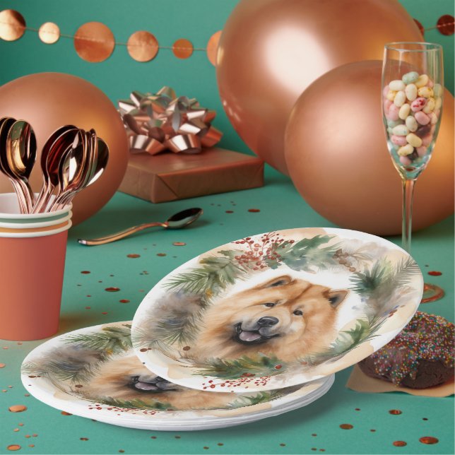 chow chow Christmas Wreath Festive Pup  Paper Plate (Multi)